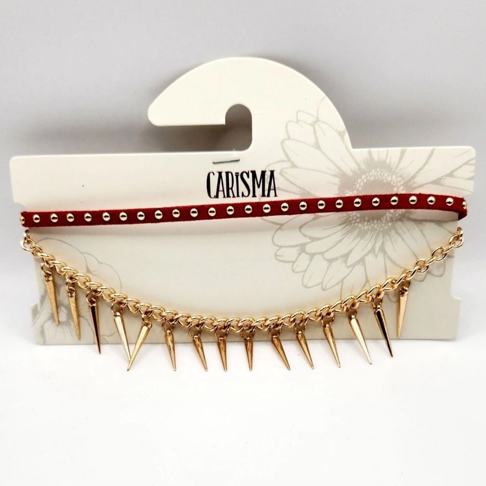 2 pc Carisma Gold Tone Spike & Red Suede Choker Set